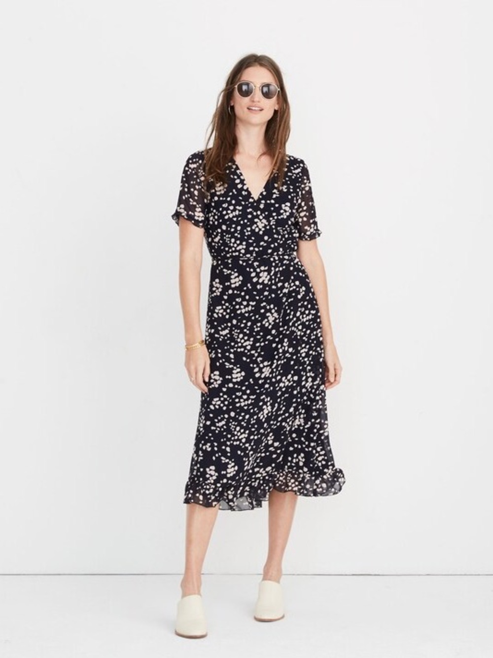 Madewell Ruffle Edge Wrap Dress in Drifting Petals Deep Navy Size S Floral Midi